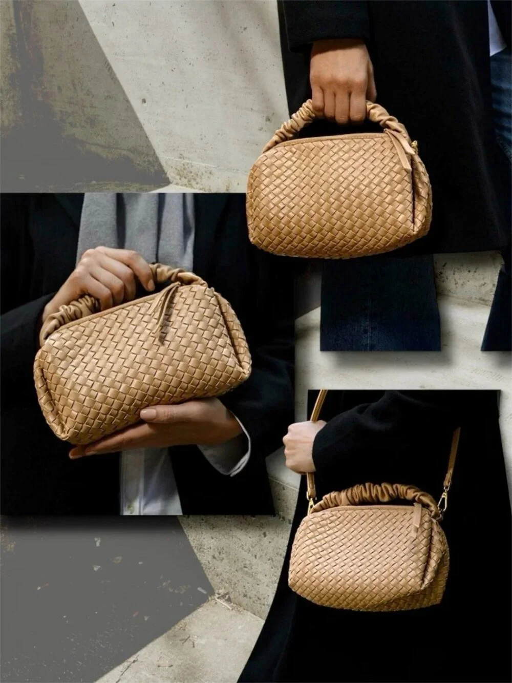 Black Woven Vegan Leather Ruched Handle Crossbody Handbag NWT